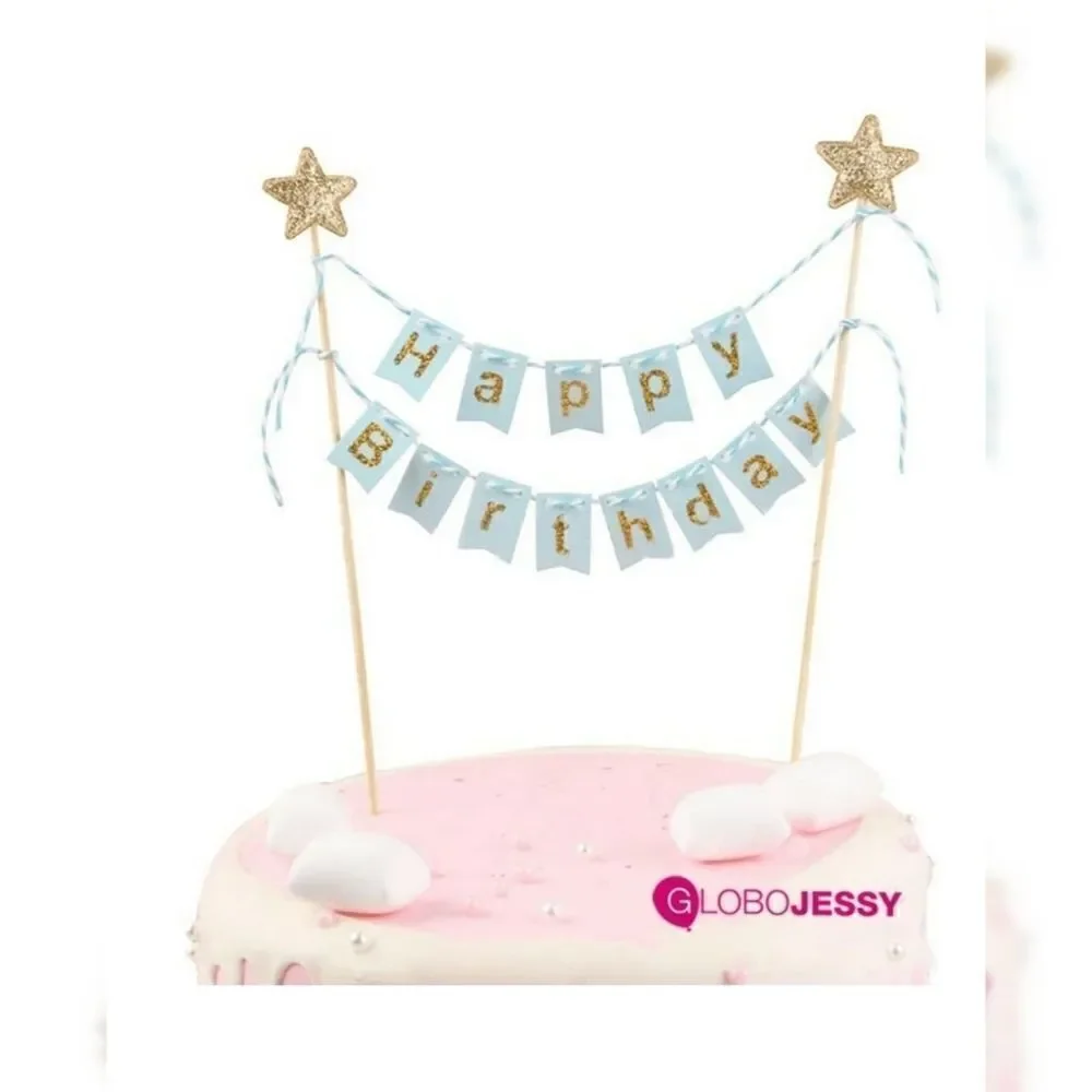 Happy Birthday Blue Gold Large Cake Topper Banner NWT